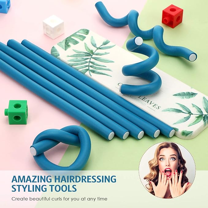 Syhood 30 Pcs Flexible Curling Rods 9.45 Twist Foam Rollers Soft Foam No Heat Hair Rods Rollers and 1 Steel Pintail Comb Rat Tail Comb for Women Long Short Hair(Blue,9.45 x 0.47 Inch)