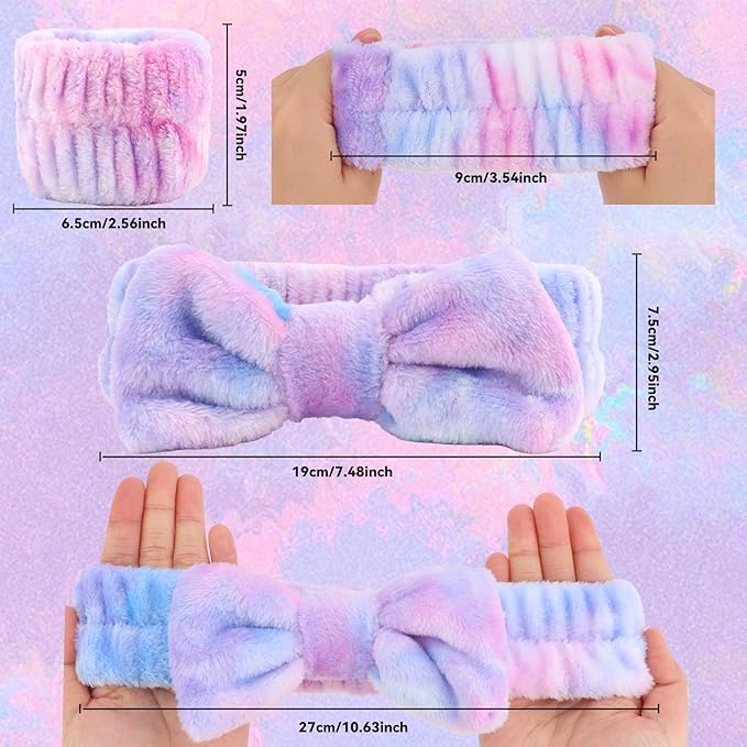 WHAVEL 8PCS Spa Headband and Wristbands Set, Face Wash Headband Wrist Bands for Washing Face Skincare Makeup Hair Band Skin Care Accessories Tools，Tie-dye 2