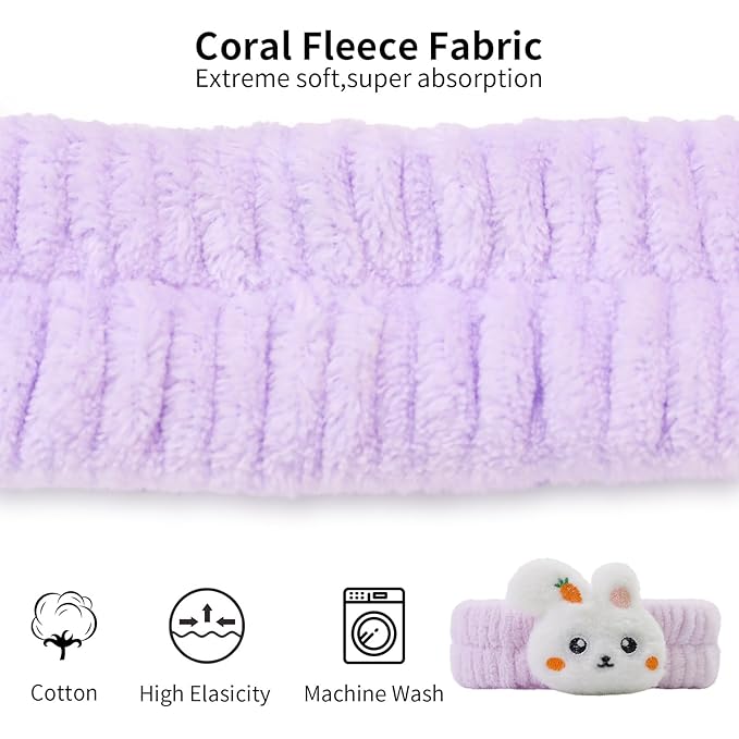 Kawaii Spa Headbands for Women Girls - 2 Pack Cute Bunny Soft Fleece Facial Headbands for Makeup, Skincare and Face Washing, Dark Pink+Purple Rabbit
