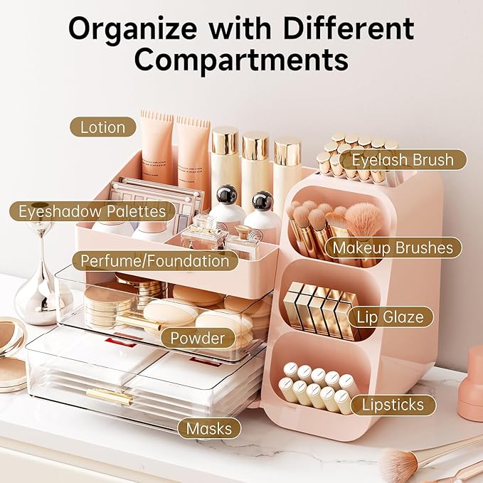 Makeup Organizer for Vanity with Brush Holder, Countertop Skincare Organizer with 2 Drawers, Spacious Cosmetic Display Case for Perfumes, Eyeshadow Palettes, Nail Polishes