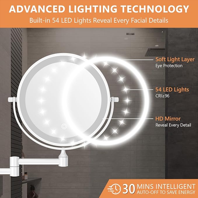 Auxmir 1X/30X Wall Mounted Makeup Mirror with Light, 8" Rechargeable Double-Sided Magnifying Mirror, Vanity Mirror Dimmable 3 Color Light, 360° Extension Rotation Foldable 14.5 Inch Arm, White