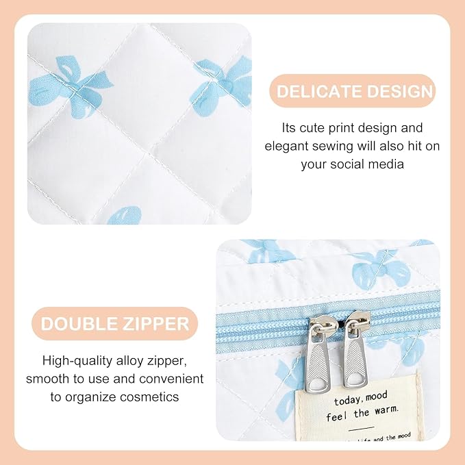 Makeup Bag for Women 3PCS Quilted Cotton Make Up Bag Travel Cosmetic Bag Large Makeup Bag Set Cute Blue Bow Makeups Organizer Floral Toiletry Pouch for Purse