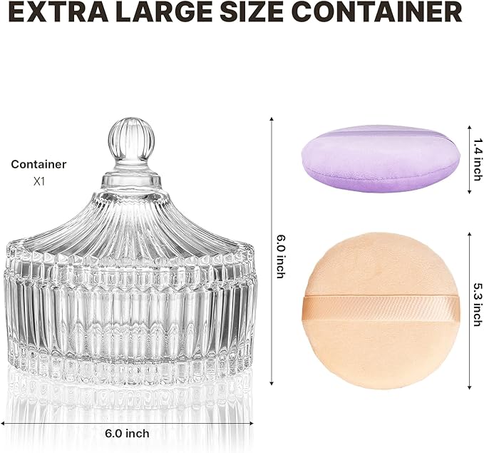 3 Pcs Extra Large Body Powder Puff and Container - 6 Inch Glass Dusting Powder Container with Puff, Body Powder Puff for Women Soft Washable Reusable Fluffy Makeup Wet Dry