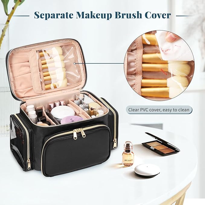 Large Makeup Bag, Portable Travel Makeup Bag Organizer for Women Girls with Makeup Brush Compartment & Two Side Pockets, Cosmetic Travel Bag Vertical Storage Toiletry Bag - Black