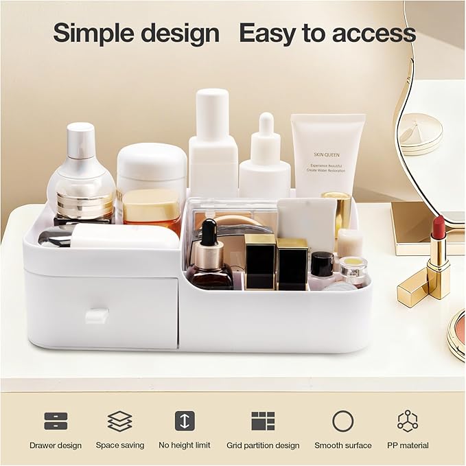 Abiudeng Makeup Organizer for Cosmetic with Drawers,Skincare Organizer for Bathroom for Lipsticks,Jewelry,Nail Care,Eyeshadows-Small White