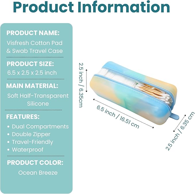 Cotton Pad Swab Travel Case – 2-in-1 Portable Waterproof Qtips Dispenser for Cotton Square Pad & Qtip, Floss, Bobbi Pin, Nail Kit, Hair Accessories Organizer TSA Compliance – VISFRESH (Ocean Breeze)