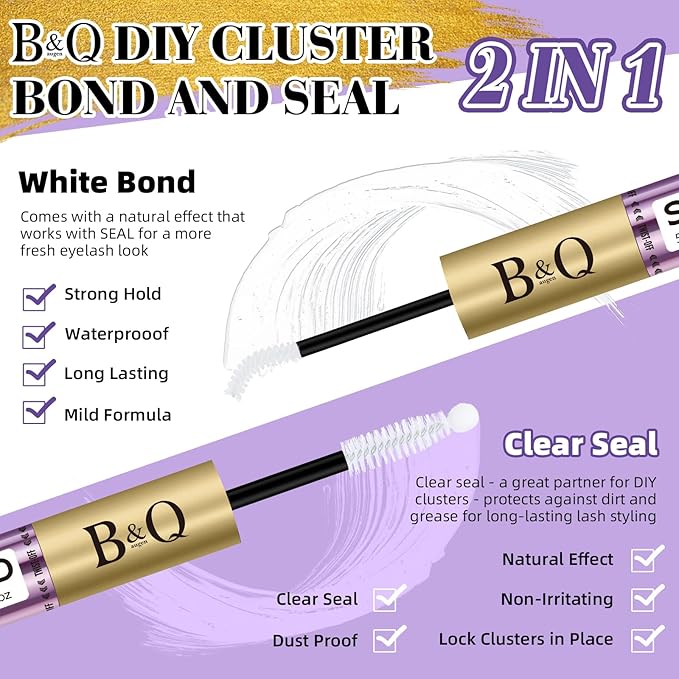 B&Qaugen Lash Bond and Seal 10ML Clusters Lash Glue Waterproof Long Lasting Mascara Wand Lash Extension Bond and Seal Strong Hold 2 in 1 Bond and Seal for DIY Lash Extensions（White Bond and Seal,10ML）