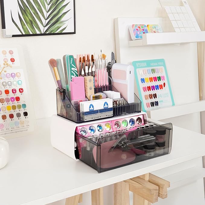 Nail Drill Polish Holder Stand- 2 Layers Nail Polish Storage Drawer- Professional 13 Holes Nail Drill Bits Holder & 40 Holes Nail Brush Pens Organizer Case Storage Box for Manicure Tools