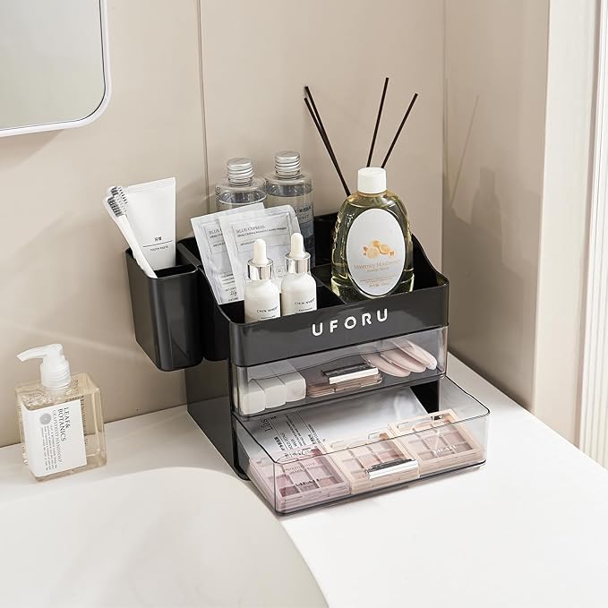 Makeup Organizer for Vanity with Brush Holder, Countertop Skincare Organizer with 2 Drawers, Spacious Cosmetic Display Case for Perfumes, Cologne, Shaving Lotion