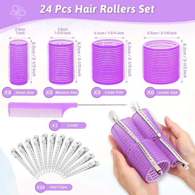 50 Pcs Rollers Hair Curlers Set with 24Pcs Self Grip Hair Rollers 4 Sizes and 24 Pcs Clips for Blowout Look Long Medium Short Thick Hair Volume