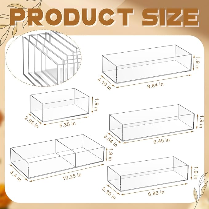 Set of 5 Acrylic Desk Bathroom Organizer, Makeup Drawer Organizer Trays, Storage Bins for Stationery, Makeup, Jewelry, Gadgets for Kitchen, Office, Bedroom, Bathroom Gifts
