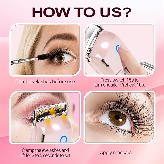 Heated Eyelash Curler Electric Eyelash Curlers 8s Fast Heating Lash Curler Safe Anti-Burn Lash Curler Intelligent Temp Control rizador de pestañas for 24H Long Lasting Curls (Pink)