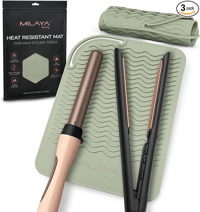 Milaya Beauty Large Heat Resistant Mat for Hair Tools – Silicone Curling Iron Holder & Flat Iron Holder – Non-Slip Hot Tool Mat & Vanity Mat – Vanity Accessories for Women, Home, Salon, or Travel