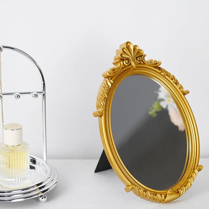 Decorative Vintage Oval Makeup Mirror with Gold Plastic Frame,Tabletop Mirror-7.5 x 11 inches