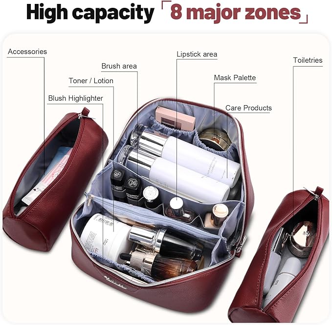 BOYATU Travel Makeup Bag Cosmetic Bags for Women: Large Capacity 3 Pcs Set Make up Bag with Compartments - Waterproof Vegan Leather Toiletry Organizer Bags with Handle (N-70Red)