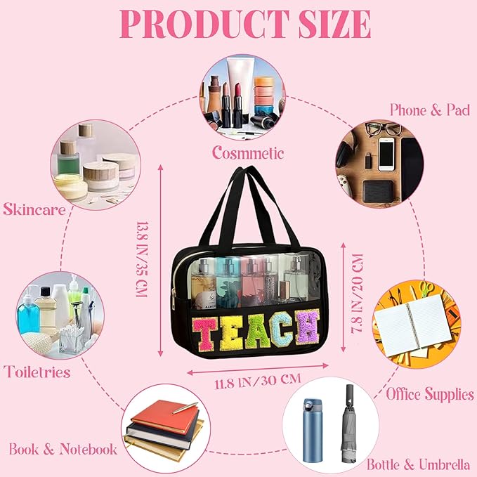 Teacher Appreciation Gifts, Chenille Letter Teacher Tote Bag with Handle and Zipper, Waterproof Nylon Portable Makeup Toiletry Bag