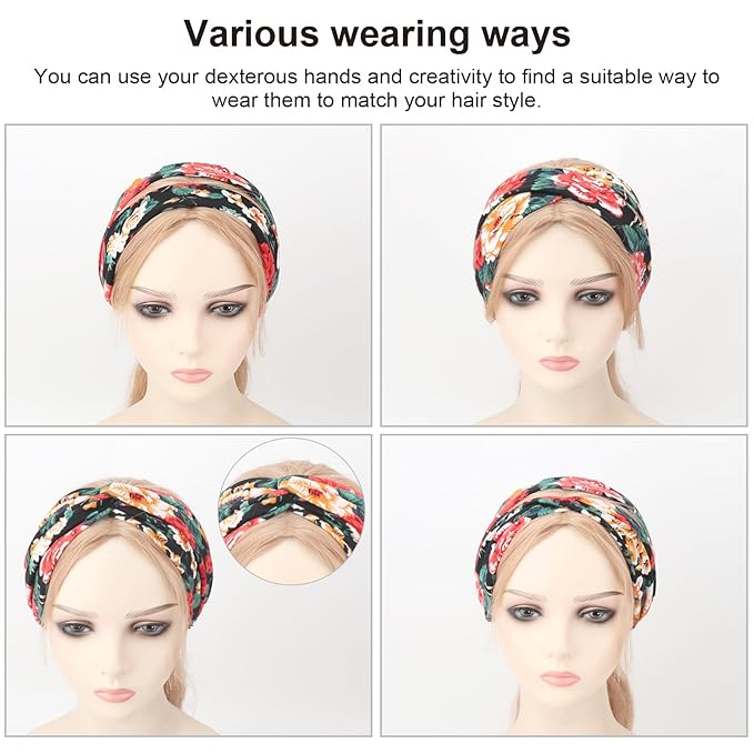 DRESHOW 4 Pack Boho Non-Slip Headbands for Women Girls Yoga Workout Running Knotted Turban Floral Elastic Head Wrap
