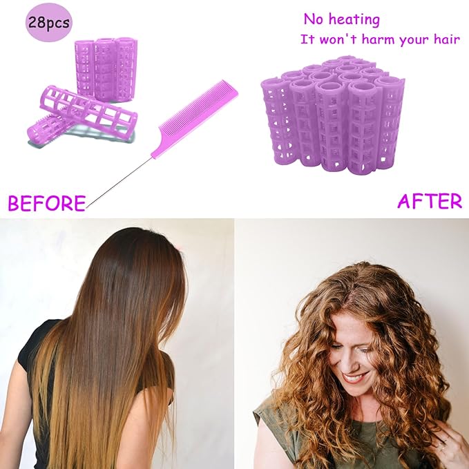 28PCS Plastic Hair Rollers Set 1.5cm/0.6in Heatless Hair Rollers Hair Curlers Snap on Rollers Self Grip Rollers Hairdressing Curlers Tools for DIY Hairdressing Hair Salon（purple）