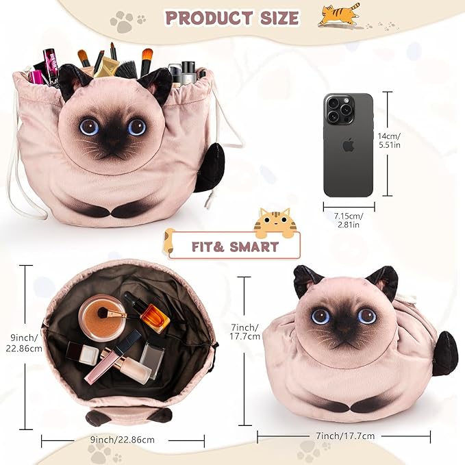 Drawstring Makeup Bag - Travel Organizer, Cosmetic Pouch, Cat Gift for Women, Lay Flat Bag for Cat Lovers