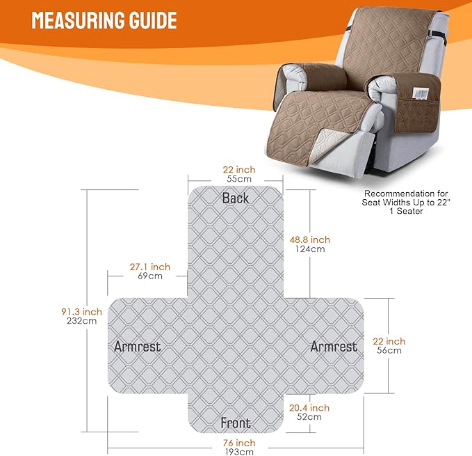 VANSOFY 100% Waterproof Recliner Chair Covers, Recliner Cover Non-Slip Dog Chair Cover Furniture Protector Washable Slipcover with Pocket, Elastic Straps for Pets, Dogs(Light Brown, 22")