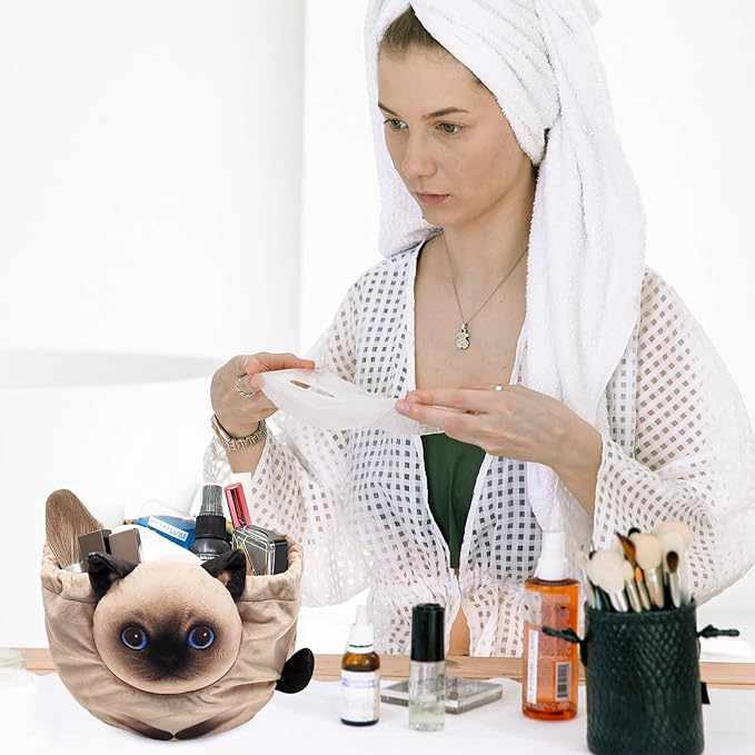 Openhaha Drawstring Travel Organizer, Cosmetic Pouch - Cat Gift for Women, Lay Flat Makeup Bag Gifts for Cat Lovers (2-Pack)