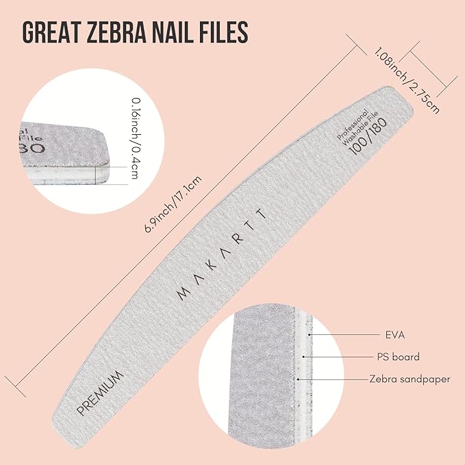 Makartt Nail File: Professional Nail Files, 100/180 Grit Emery Boards for Nails, 10 Pcs Zebra Doubled Sides Coarse Fingernail Filer for Acrylic and Extension Gel Removal Manicure Kit Salon Home Use