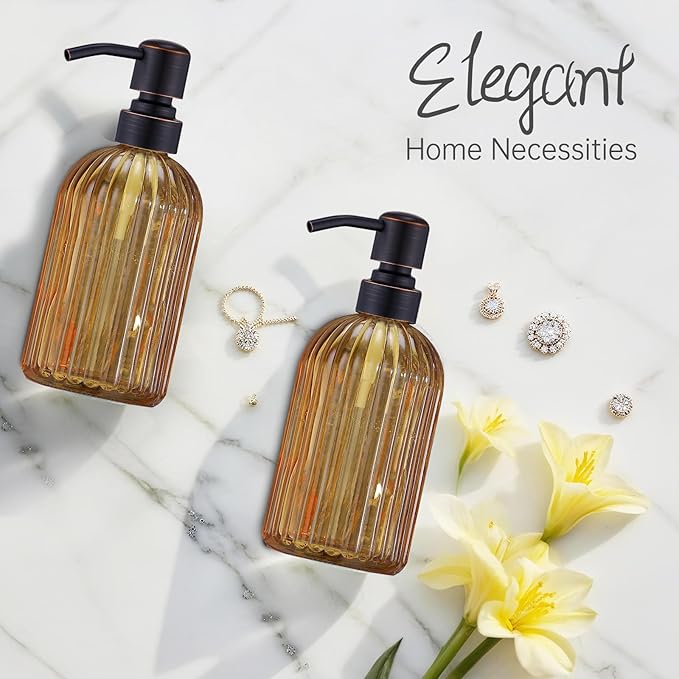 16 OZ Amber Glass Soap Dispenser, Amber Stripe Bathroom Hand Soap Dispensers with Stainless Steel Bronze Pump,Brown Glass Kitchen Hand Soap Dispenser with Oil Rubbed Bronze Pump