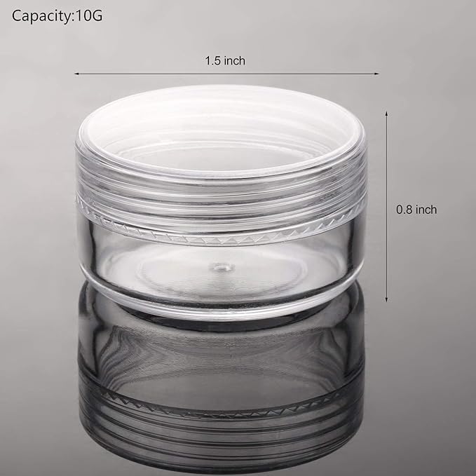 Refillable Cosmetic Sample Jars - 100 Pack 10g (0.35oz) Clear Small Travel Containers with Lids + 10 Mini Makeup Spatulas - BPA Free