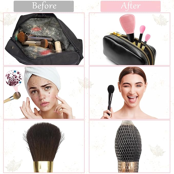 Silicone Travel Make-up Brush Holder with Cleaner Mat Pad, Organizer Case Covers for Foundation Eye Lip Brushes Storage Cleaning, Gift for Women Girl-friend Mother Wife, 5-Pcs Large + 7 Small, Blue