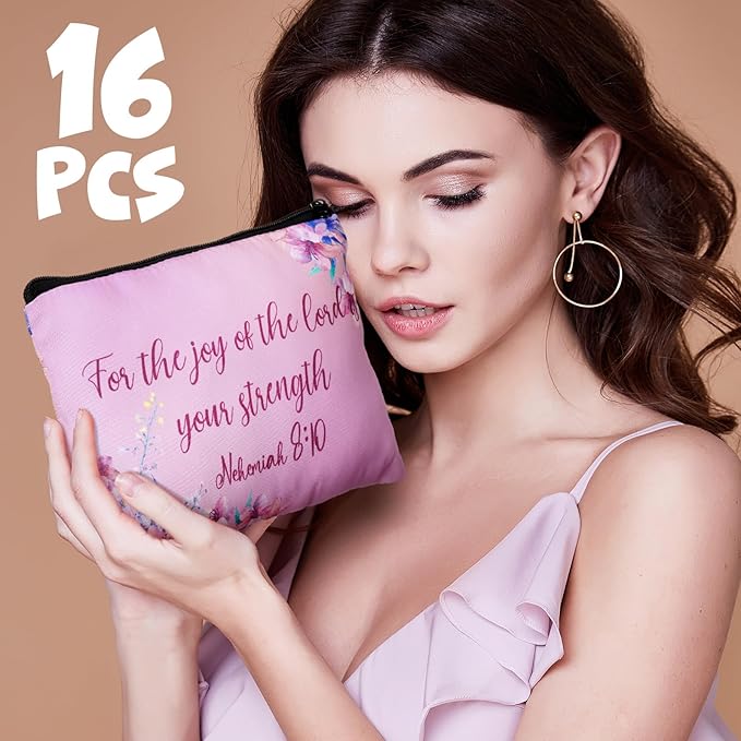 Pinkunn 16 Pcs Valentines Canvas Makeup Bags Bulk Inspirational Christian Women Religious Galentine Gifts Inspirational Bible Verse Pencil Pouch Makeup Bags with Zipper for Travel(Bible)