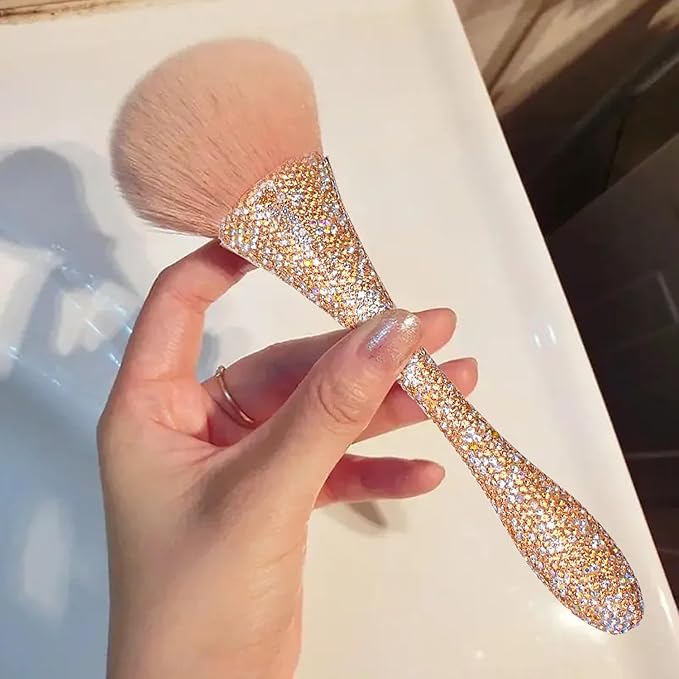 WOKOTO 1pcs Gold Rhinestone Nail Dust Brushes For Acrylic Nails Powder Remover Brushes Loose Face Cosmetics Blending Liquid Foundation Powder Make Up Brushes Nail Trimming Cleaning Tools