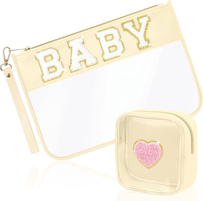 2 Pcs Preppy Patch Clear Baby Bag, Women Chenille Letter Makeup Cosmetic Bag for Travel, PVC Waterproof Organization Outdoor Zipper Pouch Toiletry Bag for Women Girl