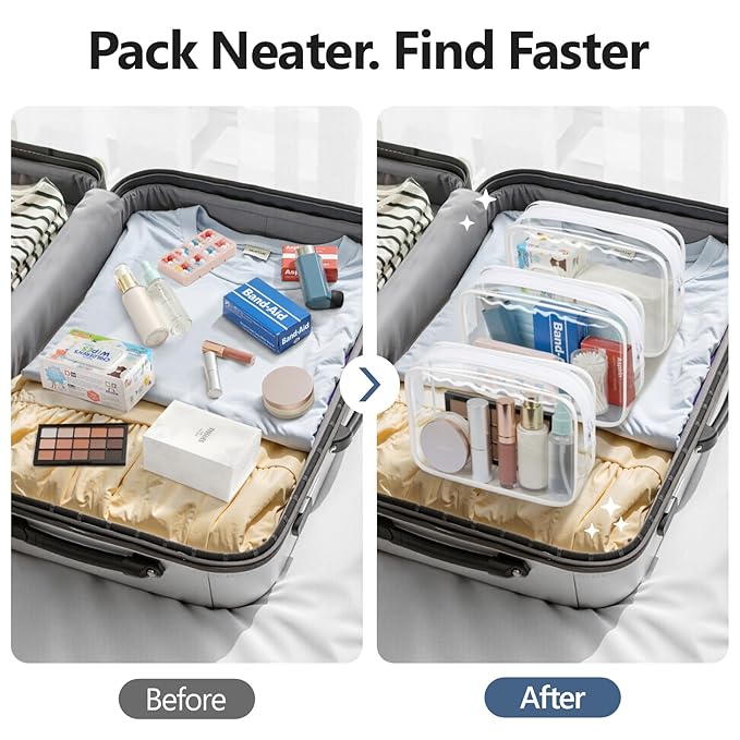 PACKISM TSA Approved Toiletry Bag - Clear Makeup Bag 3 Pack Medium, Quart Size Bag for 3-1-1 Liquids with Metal Smooth Zipper, Travel Makeup Bag for Women Men, Airport Airline Compliant Bag, White
