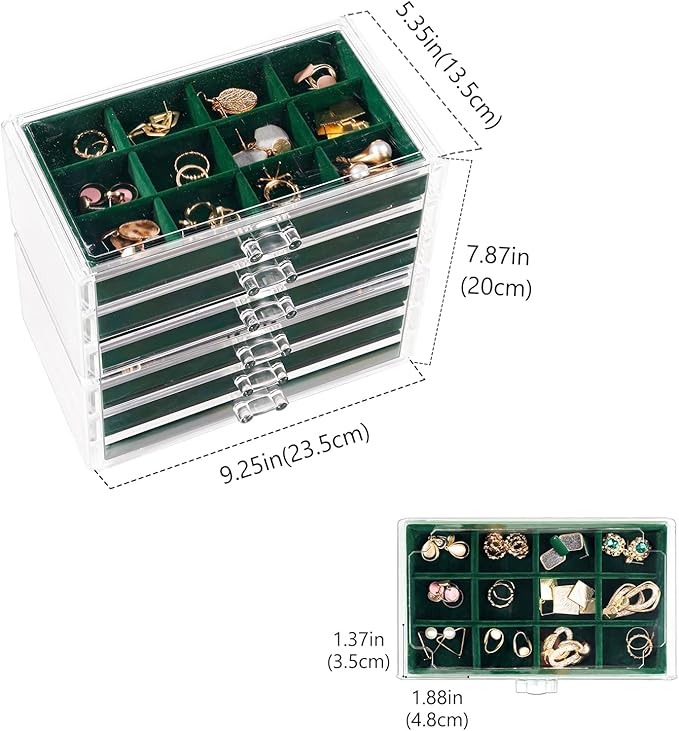 Lolalet Earring Holder Organizer Box Jewelry Storage with 6 Drawers, Clear Acrylic Stackable Earring Case with Adjustable Velvet Trays for Women on Dresser Vanity -Emerald, 6 Layers