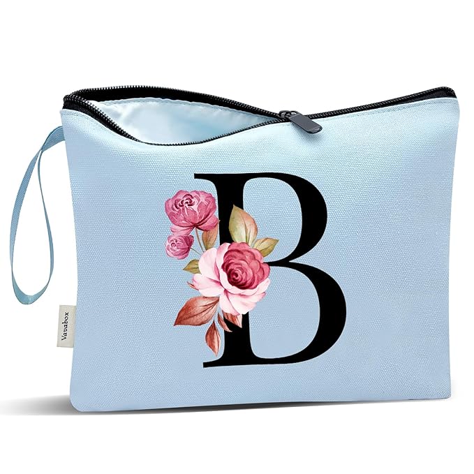 Vavabox A-Z Personalized Makeup Bag, Birthday Gifts for Women Mom, Gifts for Best Friend, Bride Bridesmaid Cosmetic bag (B, Blue)