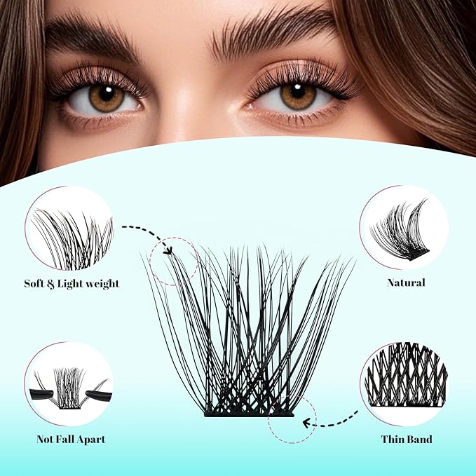 Wispy Lash Clusters Eyelash Extensions 144pcs Individual Lashes Cluster 10mm D Curl Fake Eyelash with Thin Band DIY Cluster Lashes At Home For Beginners (D-10mm)