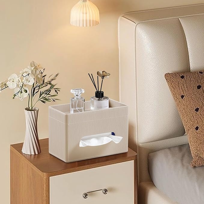 Tissue Box Cover Rectangle with Storage Tray, PU Leather Tissue Holder for Bathroom Vanity Countertop Night Stands Bedroom Office Desk, Stylish Rectangular Tissue Box Holder (Beige)