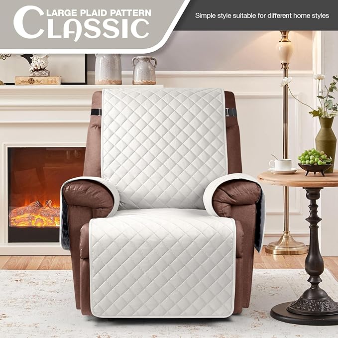KinCam 100% Waterproof Recliner Chair Cover, Reclining Couch Covers for Pets, Dogs, Recliner Couch Slipcover Furniture Protector with Elastic Straps for Kids(23.6", Beige White)