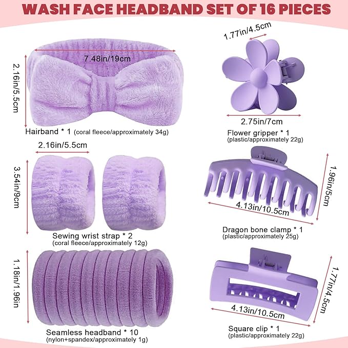 16 Pcs Skincare Headband Set, Face Washing Headband with Wristbands, Hair Claw Clips & Hair Ties, Spa Headbands for Women Girls, Perfect for Facial, Makeup, Shower, Gift Ready Box