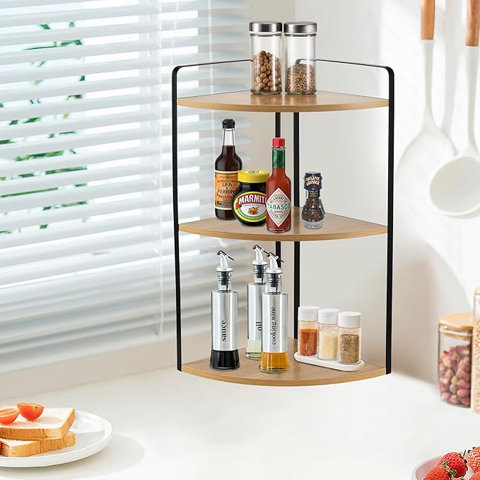 3 Tier Corner Bathroom Counter Organizer, Countertop Organizer, Vanity Organizers, Bathroom Storage Sink Shelf, Wooden Counter Shelf, Perfume Organizer for Makeup Tray (Large Capacity-Rustic Walnut)