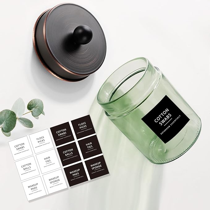 Amolliar Sage Green Apothecary Glass Jar With Metal Lid & Stickers, Bathroom Qtip Holder Storage Canister, Farmhouse Decor for Cotton Balls, Cotton Swabs, Makeup Pads, Bath Salt, Floss,ORB 1 Pack