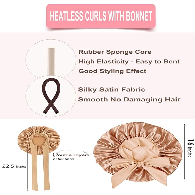 Satin Heatless Hair Curler Set, Heatless Curls Overnight, Hair Rollers for Soft Curls, No Heat Curlers to Sleep in, Curling Rod Headband with Hair Bonnet & Clip & Scrunchies (Travel Packing)
