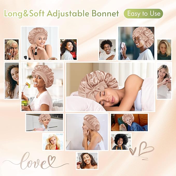 BONNET QUEEN Silk Bonnet for Sleeping Women Satin Bonnet Night Sleep Cap Wrap for Curly Hair with Adjustable Tie Band, Single Layer, Champagne