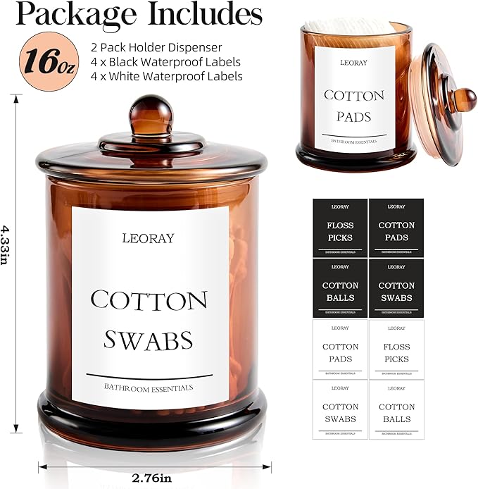 2 Pack Glass Qtip Holder Dispenser with Lids, Airtight Waterproof, 16 Oz Vanity Organizer Bathroom Canisters for Cotton Swabs, Balls, Pads, Floss Picks, Restroom Kitchen Storage Jars, Amber