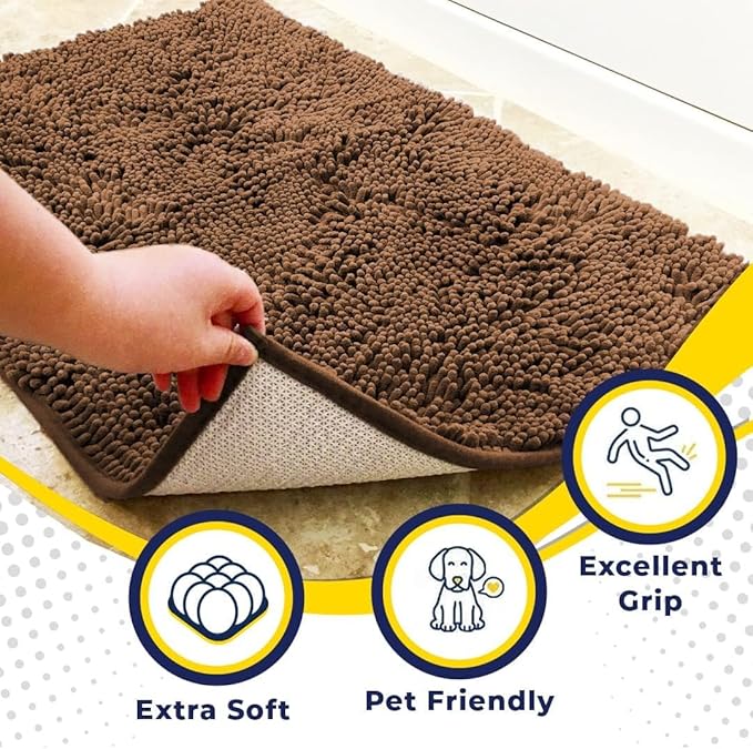 Muddy Mat® 2-Piece Brown Medium 30"X19" AS-SEEN-ON-TV Highly Absorbent Microfiber Door Mat, Bath Mat and Pet Rug, Non Slip Thick Washable Soft Chenille for Kitchen Bathroom Bedroom Indoor and Outdoor