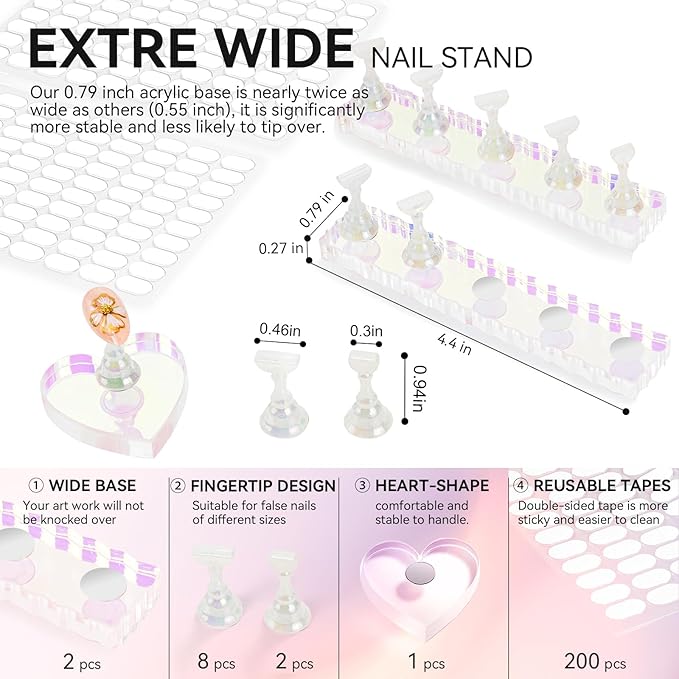 Nail Stand For Press On Acrylic Strong Magnetic Nail Holder Kit For Painting Nails Tip Arts Display With 200PCS Double-Sided Tape And 1 Heart Shaped Acrylic Magnetic Presson Stand (Aurora And White, Medium)