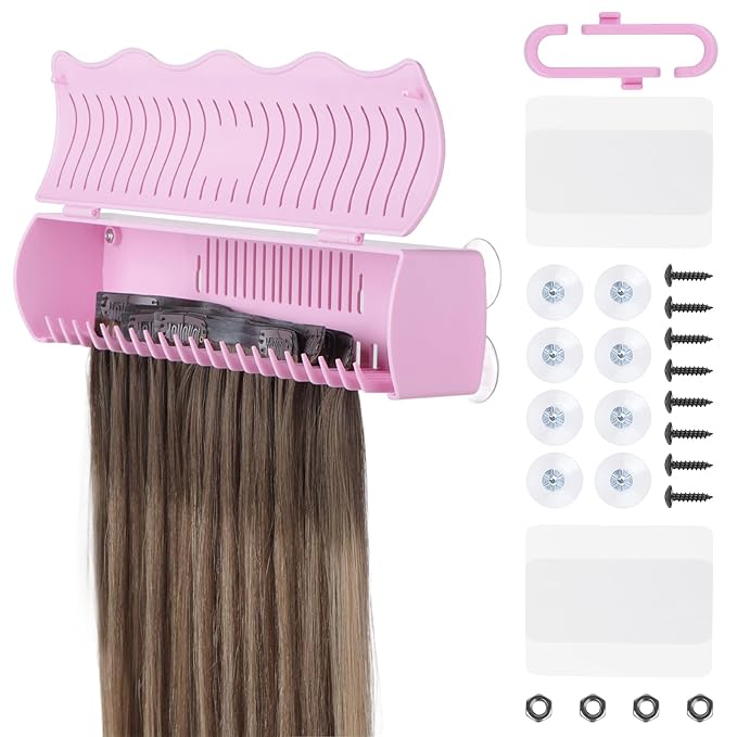 IDN BEAUTY Hair Extension Holder Stand for Styling, 4 Installation Modes With Tool, Hair Extension Holder Designed to Securely Hold Your Extensions for Washing, Styling, Packing and Storing (Pink)