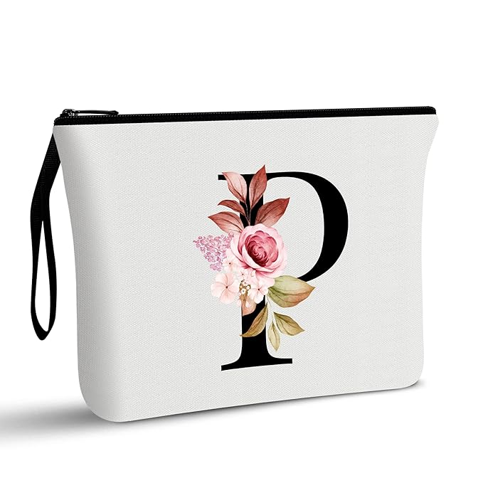 Vavabox A-Z Personalized Makeup Bag, Birthday Gifts for Women Mom, Gifts for Best Friend, Bride Bridesmaid Cosmetic bag (P, White)