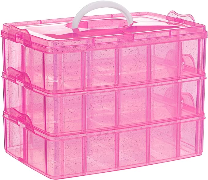 SGHUO 3-Tier Pink Craft Storage Container, Stackable Organizer Box with Dividers for Art Supplies, Beads, Washi Tapes, Seed, Hair Accessories, Nail, 9.5X6.5X7.2in
