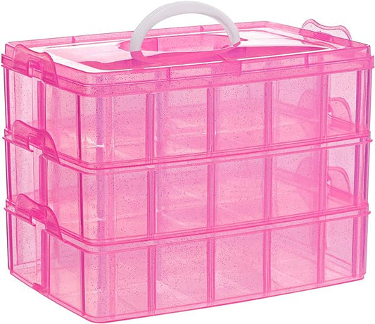 SGHUO 3-Tier Pink Craft Storage Container, Stackable Organizer Box with Dividers for Art Supplies, Beads, Washi Tapes, Seed, Hair Accessories, Nail, 9.5X6.5X7.2in